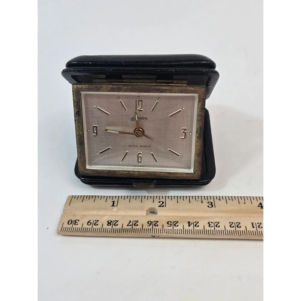 Vintage Linden Travel Alarm Clock 7 Jewels Germany Folding Leather Case